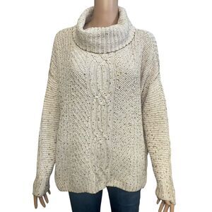 Lands End Cable Knit Fisherman Sweater Medium Petite Cowl Neck Coastal